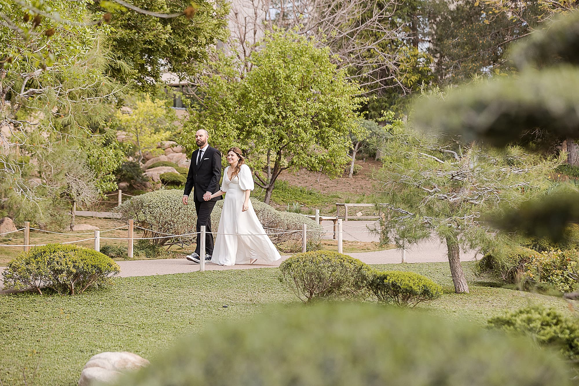 Phoenix Garden Wedding Bride and Groom Walking at Japanese Friendship Garden