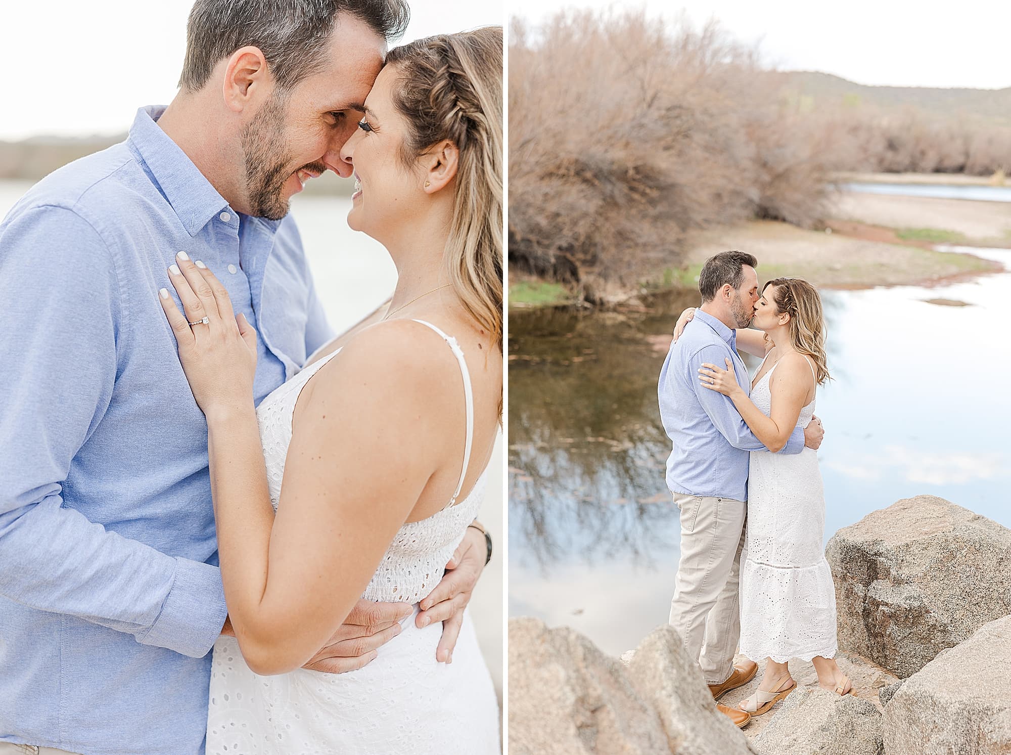 Spring Engagement Session at the Salt River couple kissing